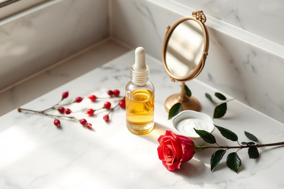 A marble bathroom shelf with a glass dropper bottle, a vintage hand mirror and a rose