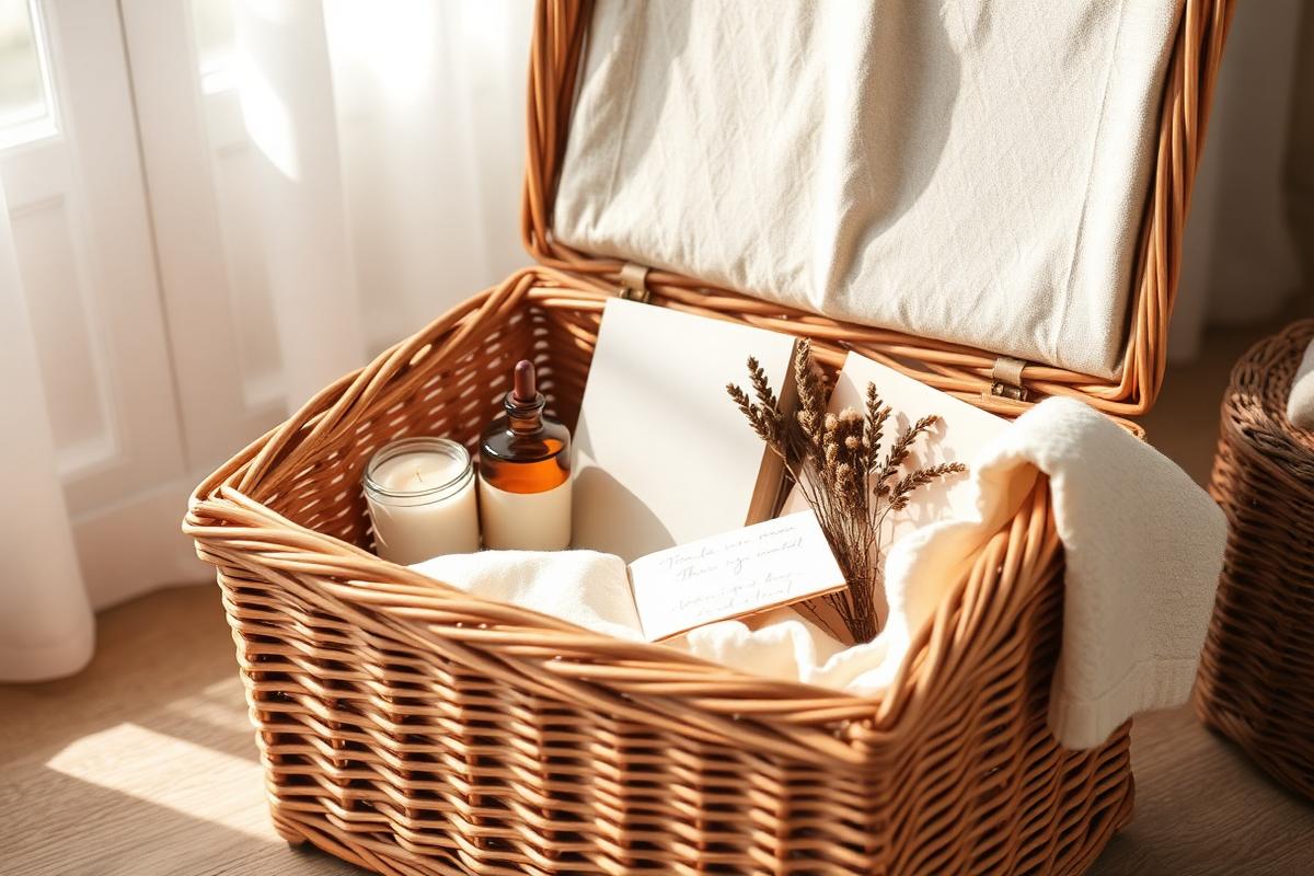 A wicker hamper open in soft light, lined with linen and filled with thoughtful gifts