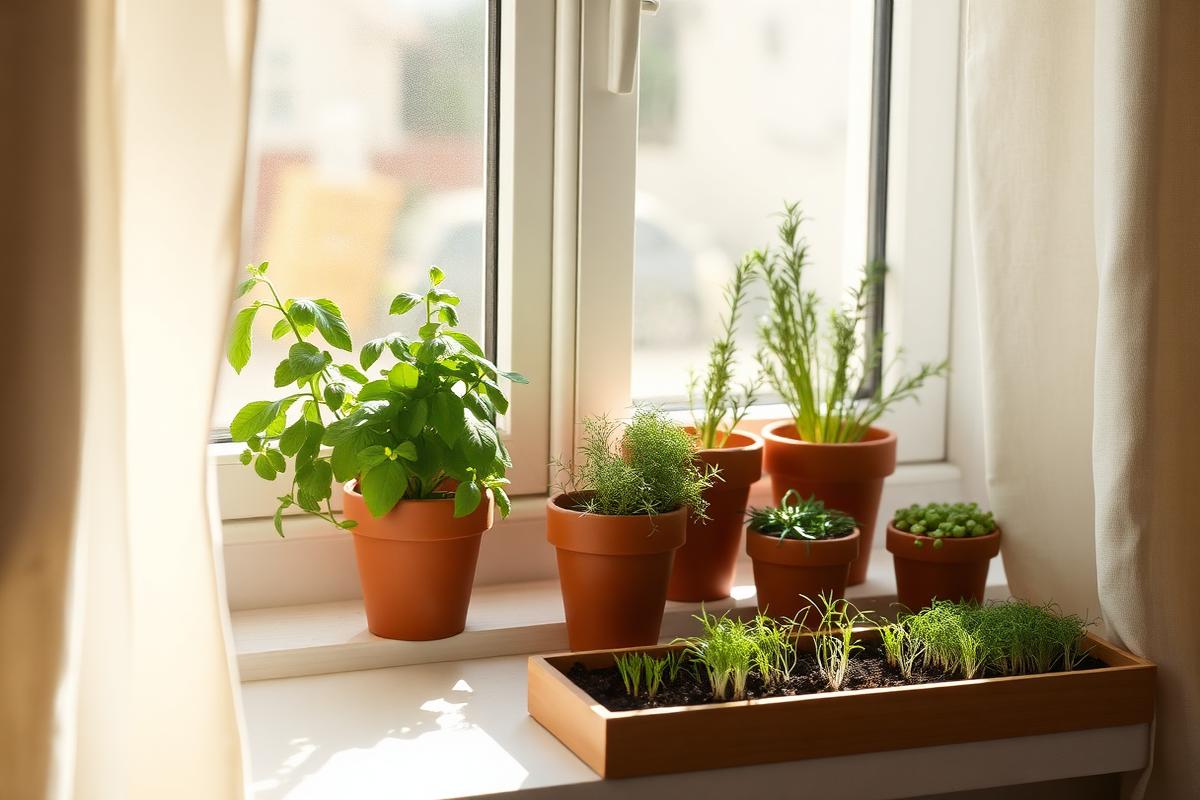 Sunlit windowsill with terracotta pots of basil, rosemary, chives and a tray of microgreens