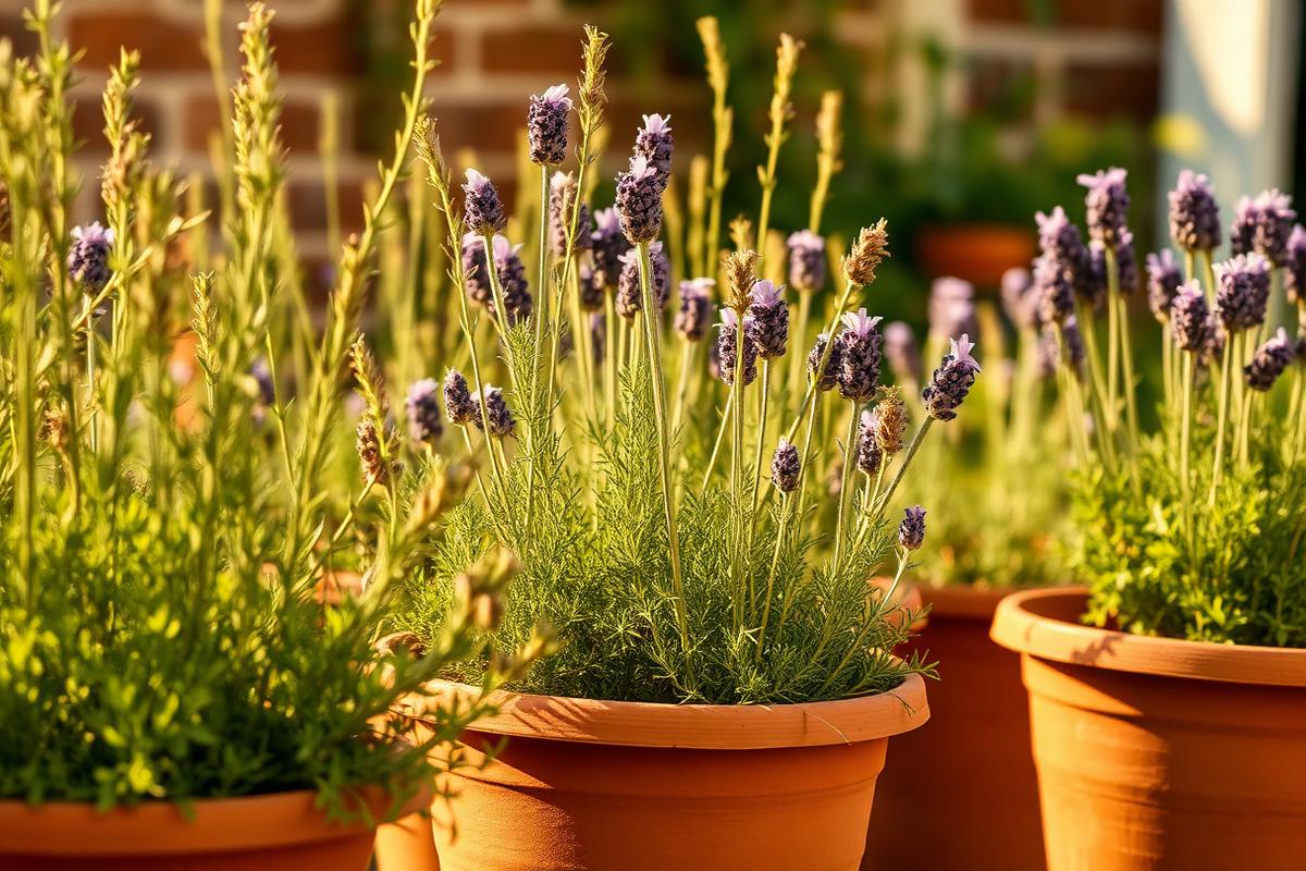 Lush herbs growing wild in terracotta pots in golden sunlight