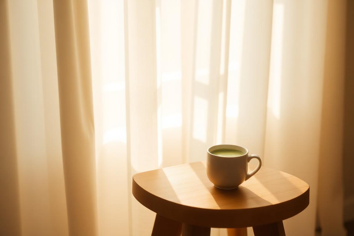 A warm matcha latte on a wooden table in soft morning light