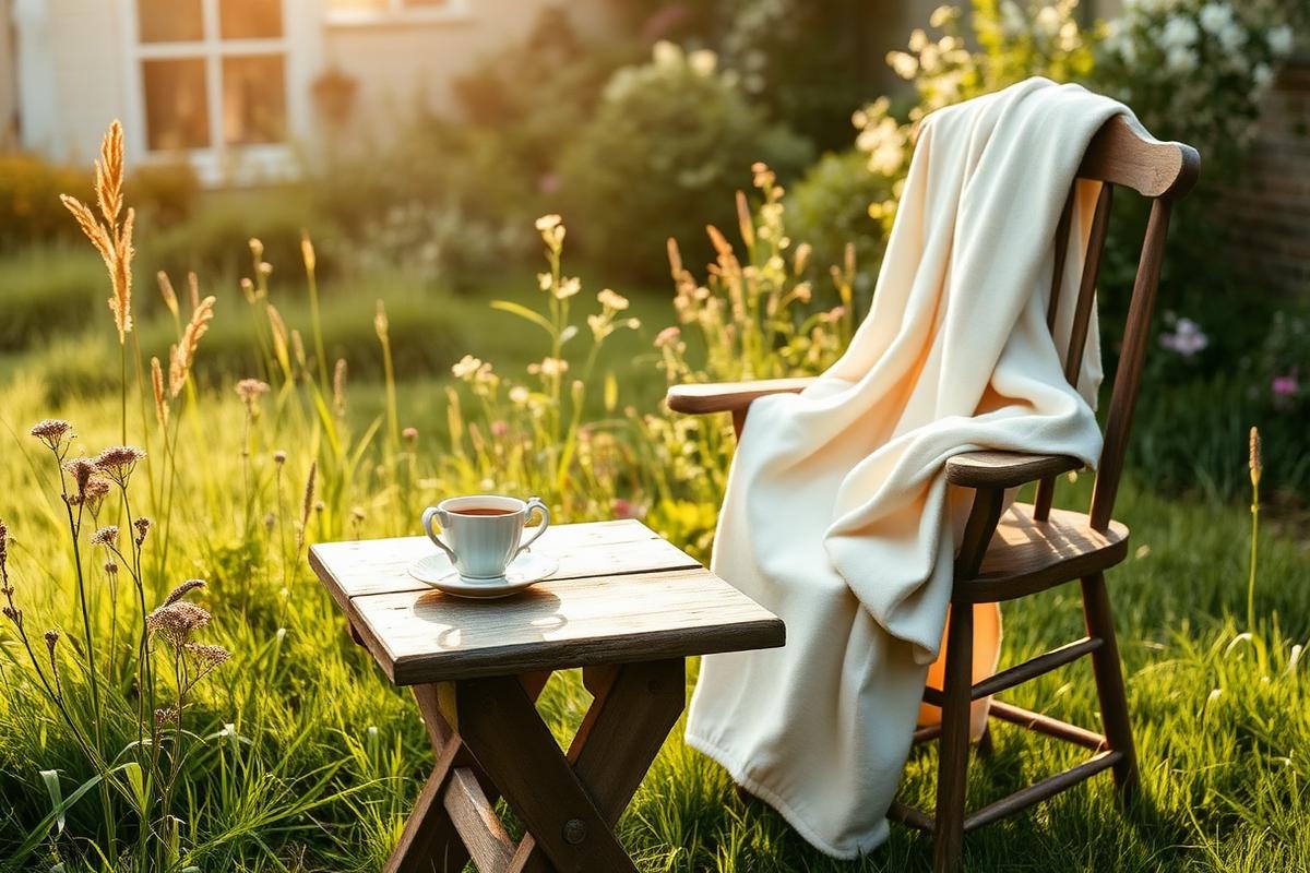 A cup of tea in a peaceful morning garden with dewy grass and wildflowers
