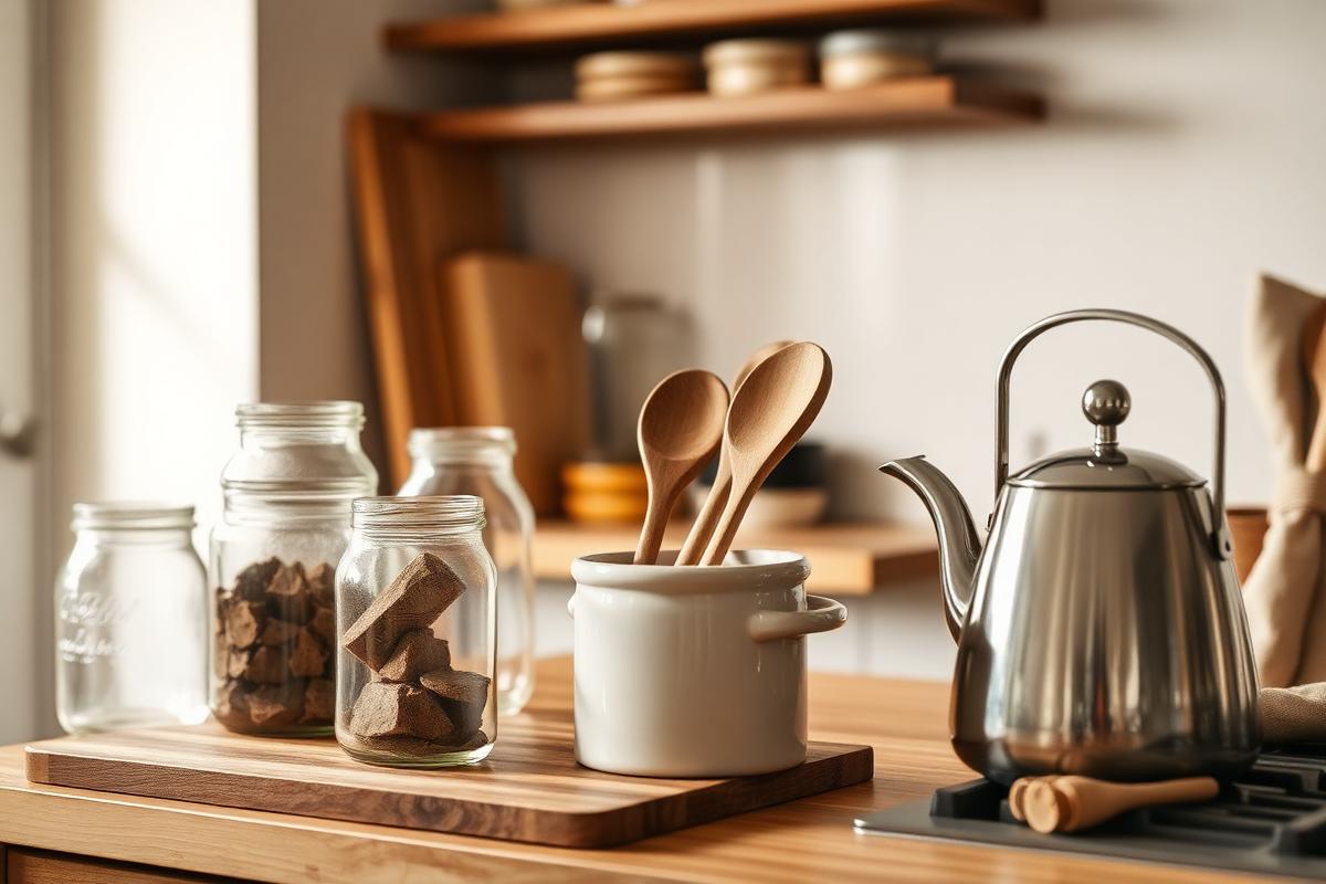 Minimal organic kitchen with glass storage jars, wooden spoons in a ceramic crock, and a stainless steel kettle