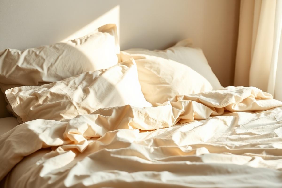 Rumpled organic cotton bedding in cream and oat tones with soft morning light