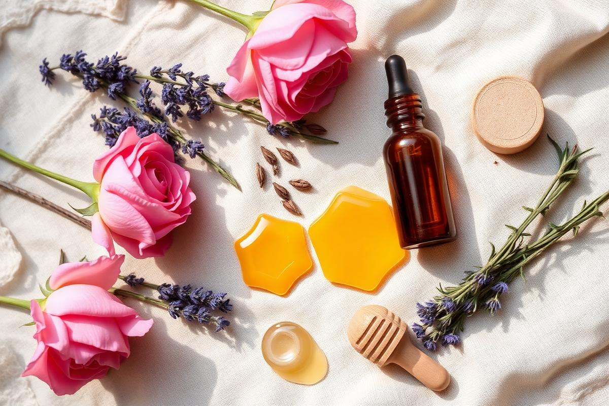 Roses, lavender, an amber dropper bottle and beeswax on natural linen