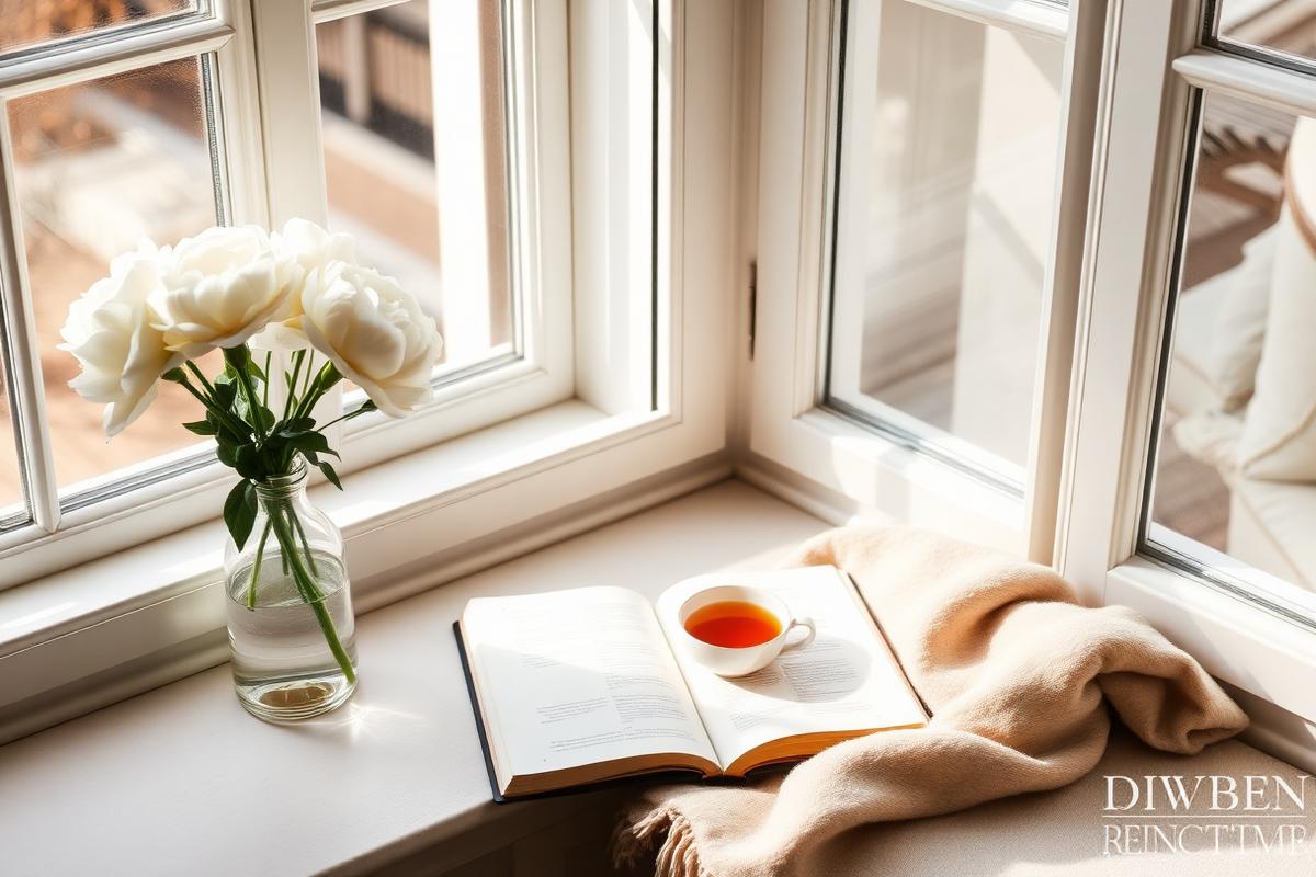 A sunlit window seat with an open journal, a cup of tea and white peonies