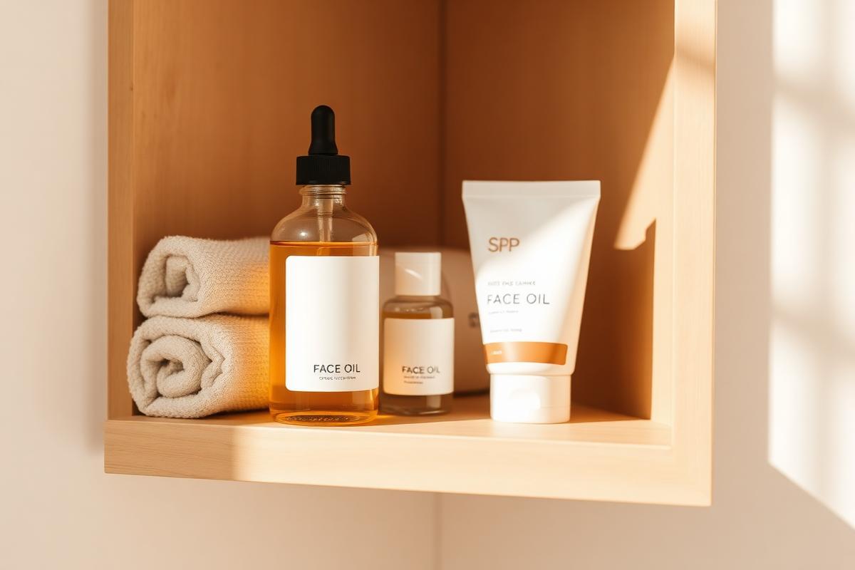 Simple organic skincare products on a minimal bathroom shelf in soft light