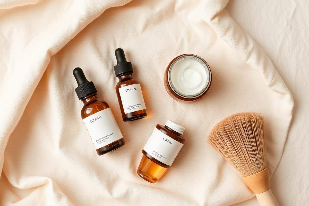 Organic skincare products arranged on natural linen fabric