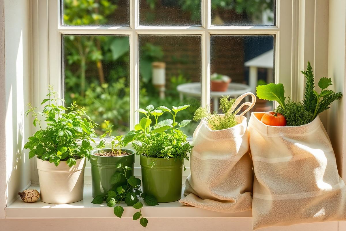 Potted herbs and organic vegetables on a sunny windowsill