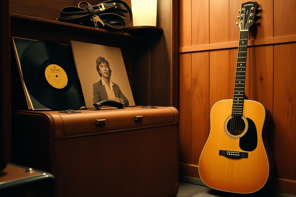 A vintage suitcase, vinyl record and acoustic guitar in warm tungsten light