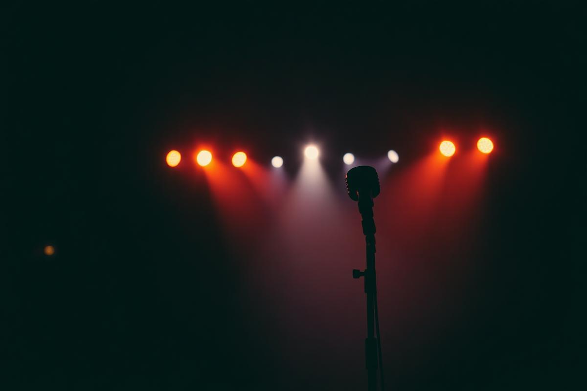 Empty concert stage at dusk with warm amber spotlights and a vintage microphone silhouette