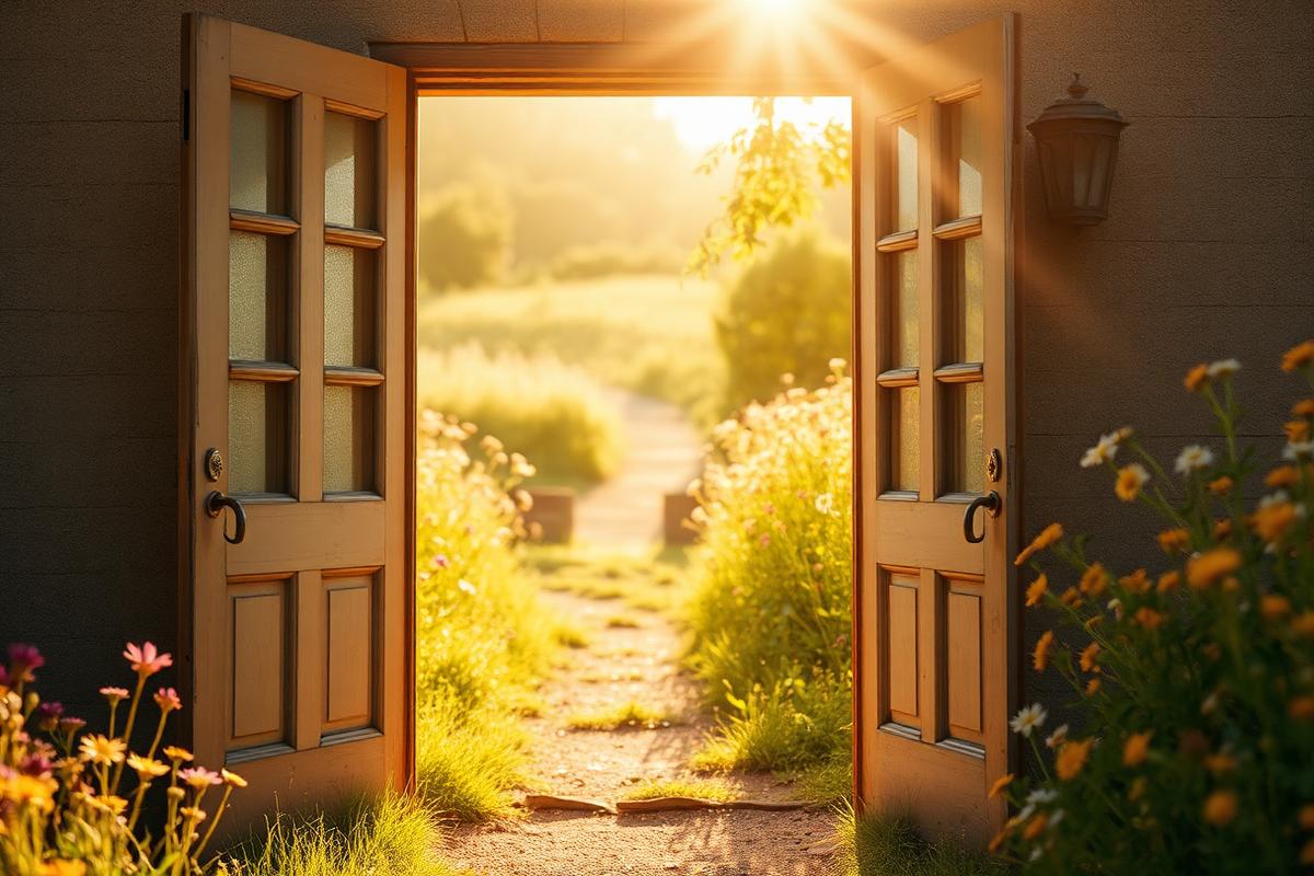An open doorway looking out onto a sunlit path through a wildflower meadow