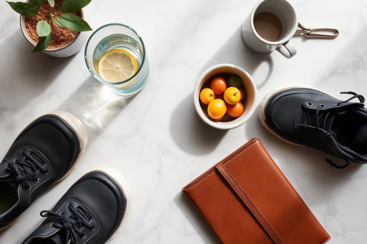 A marble surface with lemon water, fresh fruit, walking shoes and a leather journal