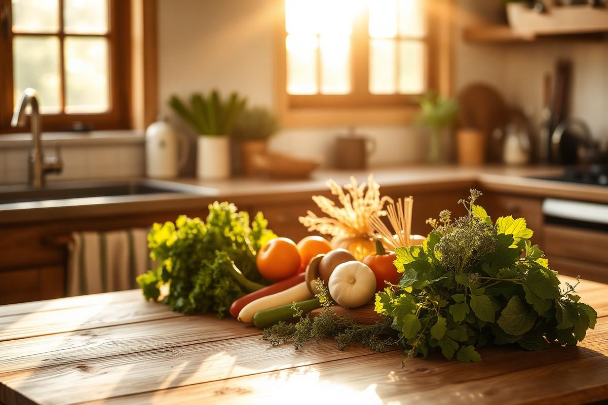 Fresh organic vegetables and herbs on a sunlit farmhouse table